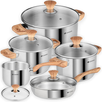 Oslo 10-Piece Stainless Steel Cookware Set with Glass Lids, Includes Saucepan and Frying Pan with Lid, Tri-Ply Bases for Even Heating, Induction Compatible, Dishwasher Safe, Bakelite Handles1