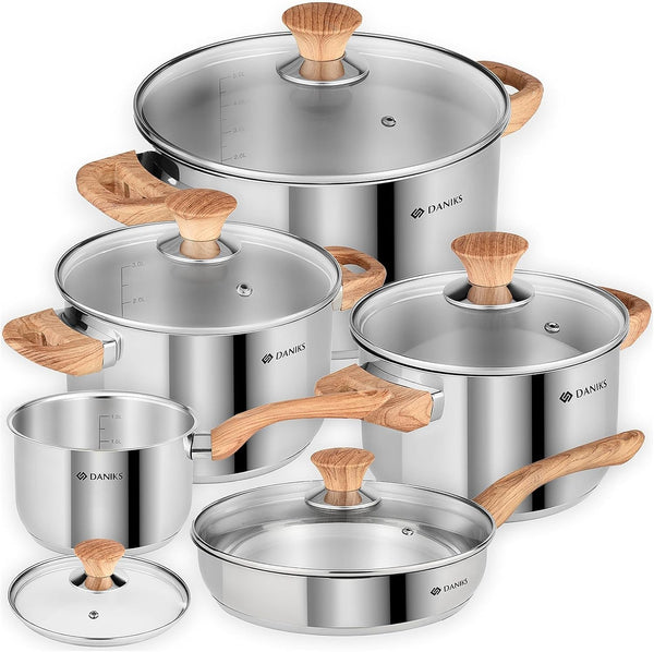 Oslo 10-Piece Stainless Steel Cookware Set with Glass Lids, Includes Saucepan and Frying Pan with Lid, Tri-Ply Bases for Even Heating, Induction Compatible, Dishwasher Safe, Bakelite Handles1
