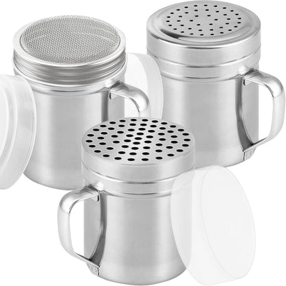 [Set of 3] 10Oz Stainless Steel Dredges with Handle - Fine Mesh + Medium Holes + Large Holes (For Coarse Seasonings)1