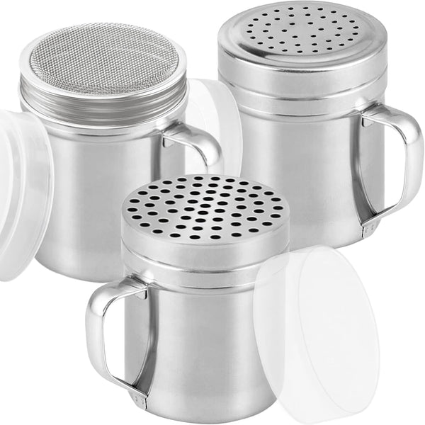 [Set of 3] 10Oz Stainless Steel Dredges with Handle - Fine Mesh + Medium Holes + Large Holes (For Coarse Seasonings)1