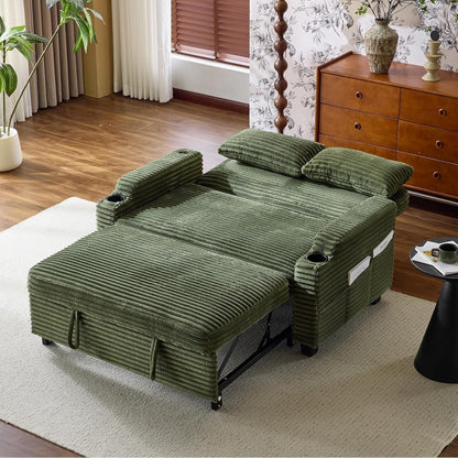 Green Futon Sofa Bed Convertible Loveseat Sleeper Sofa Couch, Corduroy Pullout Sofa Fold Out Couch Bed with USB Ports, Cup Holders, Armrest for Living Room, Bedroom Apartment Room8