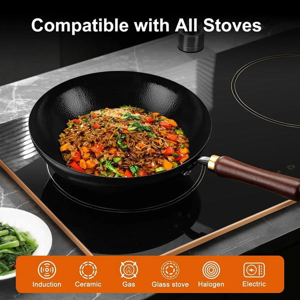 Carbon Steel Wok Pan, 12.6-Inch Nonstick Pre-Seasoned Woks & Stir-Fry Pans with Glass Lid, No Chemical Coated Wok round Bottom Hand Hammered Chinese Wok for Gas Stoves5