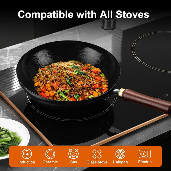 Carbon Steel Wok Pan, 13.4-Inch Nonstick Pre-Seasoned Woks & Stir-Fry Pans with Glass Lid, No Chemical Coated Wok round Bottom Hand Hammered Chinese Wok for Gas Stoves5