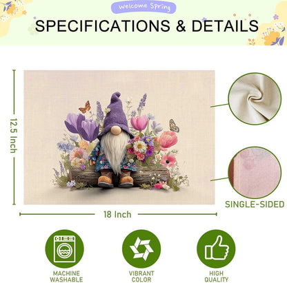 Spring Gnome Floral Placemat Set of 4 Spring Summer Placemats Seasonal Table Mats for Indoor Outdoor Home Kitchen Dining Decor Party Farmhouse Burlap Table Mats 12X18 Inch7