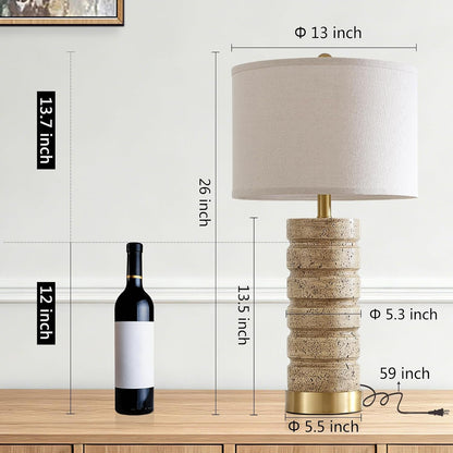 26" Set of 2 Travertine Resin Table Lamps for Bedroom, Brass Base5