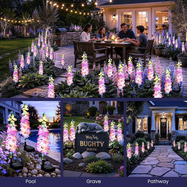 Solar Delphinium Lights, 3Pack Pink Flowers Solar Garden Decor8