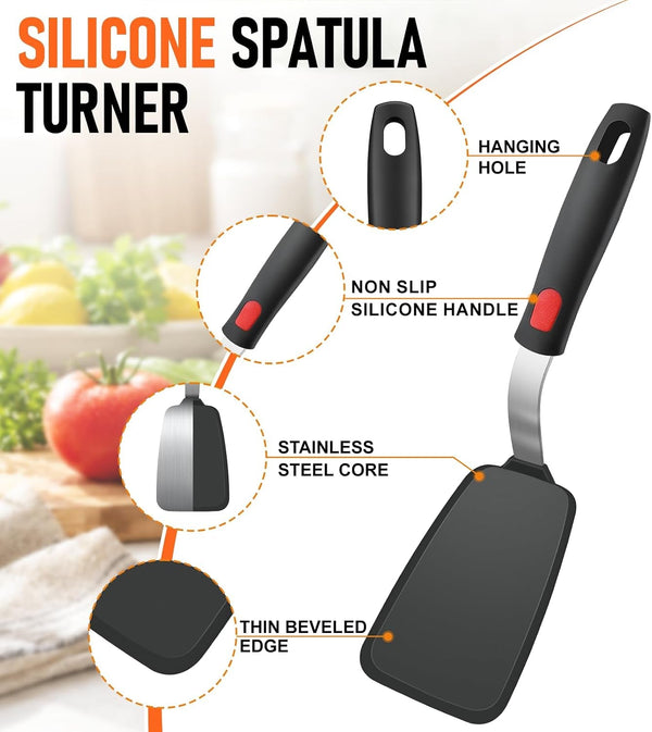 4Pcs Silicone Spatula Turner Set, Heat Resistant Silicone Spatula for Nonstick Cookware, BPA Free Kitchen Cooking Utensils Set, Flexible Spatula Turner for Flipping Eggs, Burger, Fish, Pancake3