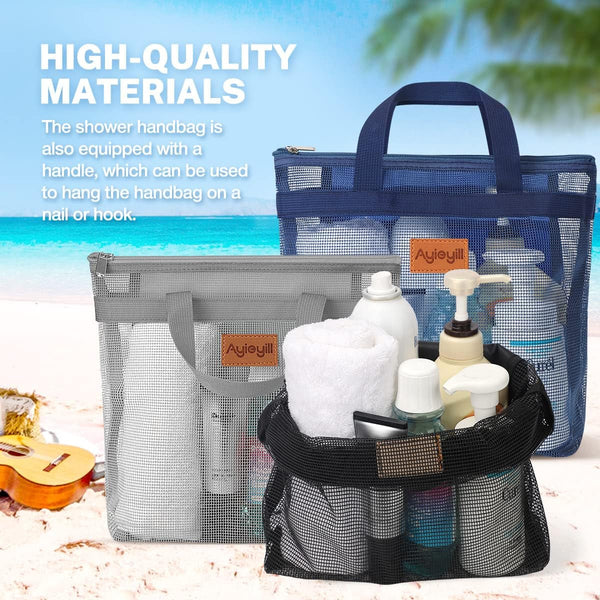 3 Pcs Portable Mesh Shower Caddy Tote, Quick Dry Tote Bag Mesh Beach Bags for Women, Hanging Toiletry and Bath Organizer for Travel Swimming Sports Gym Camp Shopping College Dorms (Black Gray D Blue)4