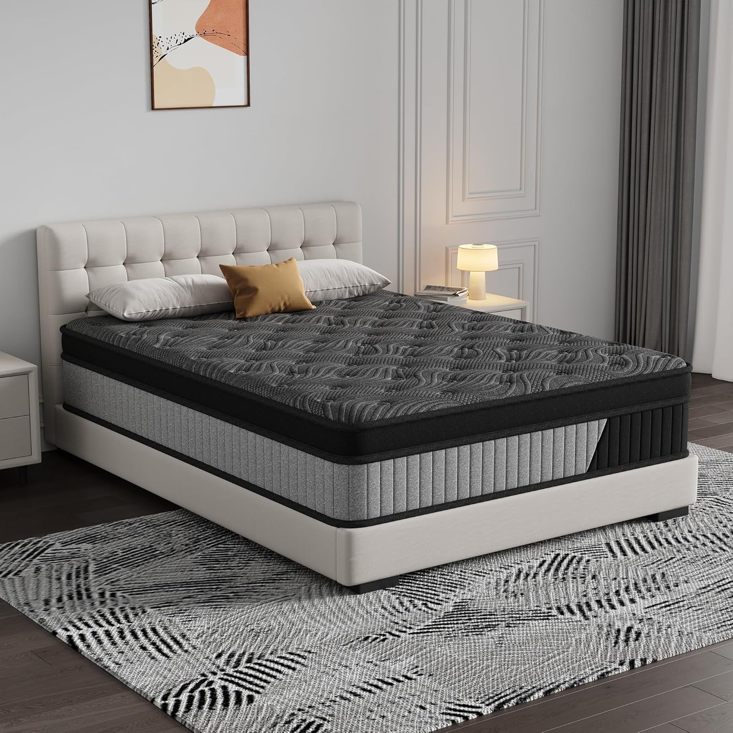 queen-size-14-inch-hybrid-mattress-in-a-box-medium-firm-black-and-gray-fabric-cover-with-pocket-spring-and-memory-foam-breathable-supportive-cool-sleep-for-back-side-stomach-sleepers