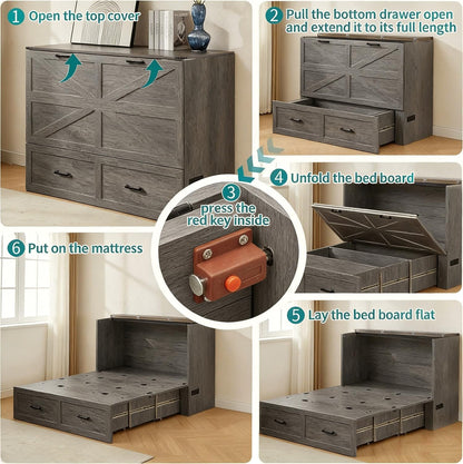 Murphy Bed, Full Farmhouse Cabinet with Charging & Storage, Rustic Grey4
