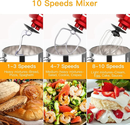 Stand Mixer, 7.5QT 660W Electric Dough Mixer, Kitchen 10-Speed Tilt-Head Food Mixer for Baking&Cake, with Stainless Steel Bowl, Whisk, Dough Hook, Beater, Splash Guard(Red) MC13