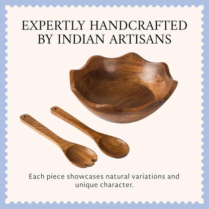 Premium Scalloped Acacia Bowl with Servers - Natural, 12In W X 4In H6