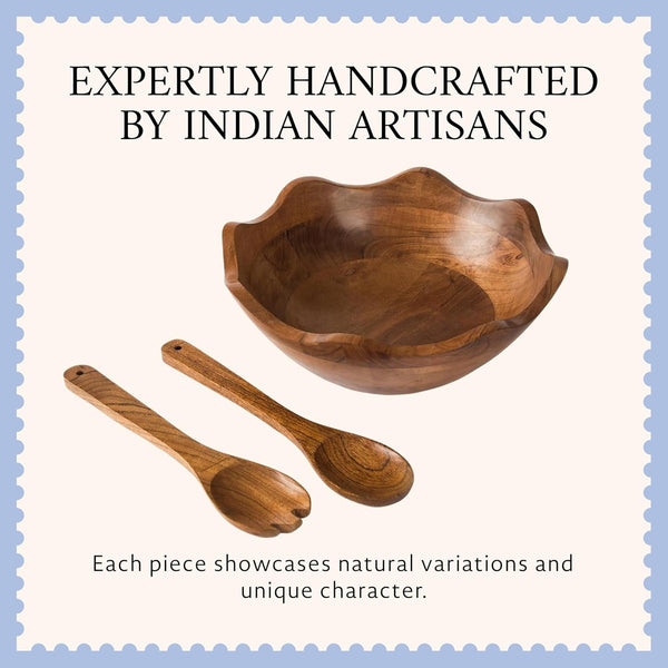 Premium Scalloped Acacia Bowl with Servers - Natural, 12In W X 4In H6