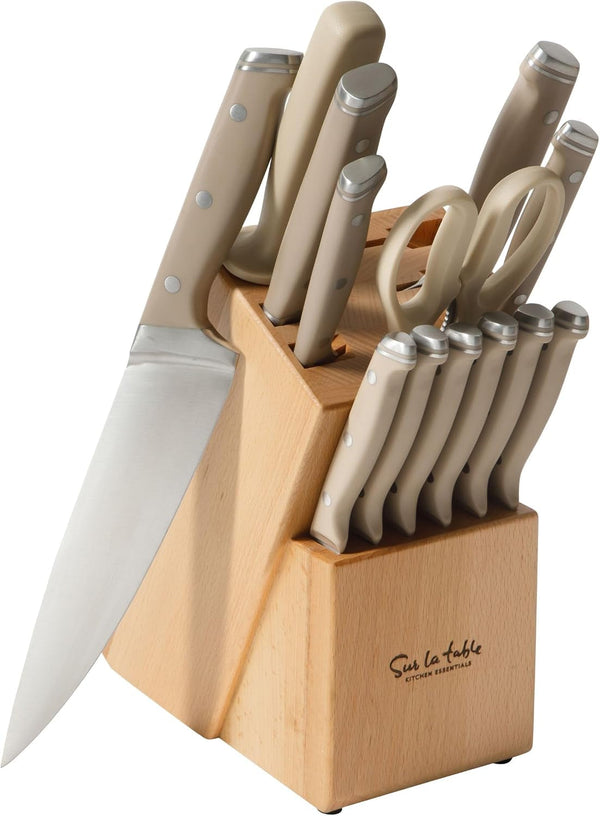 Sur La Table Kitchen Essentials Knife Set with Block, 14-Piece Forged German Steel Kitchen Knives, Beech Wood Block, Chef, Santoku, Bread & Steak Knives, Shears & Sharpener - Taupe1