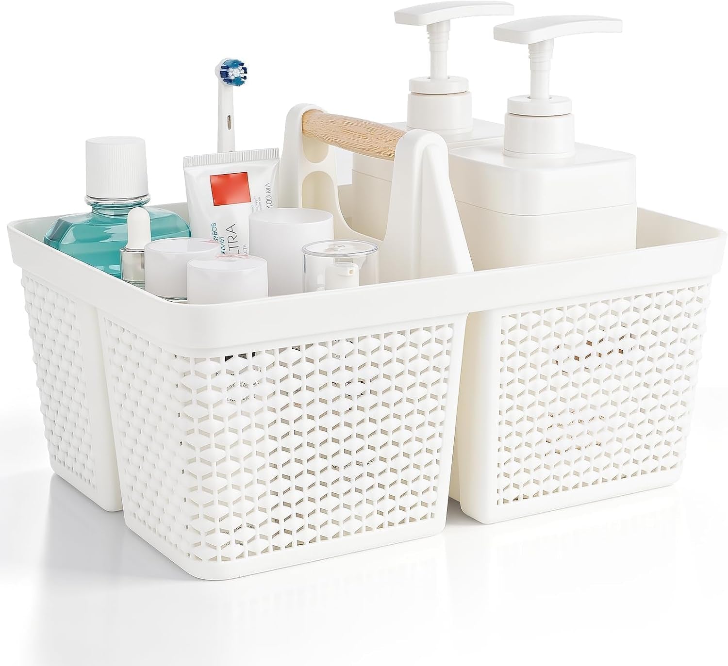 portable-plastic-shower-caddy-basket-with-wooden-handle-white