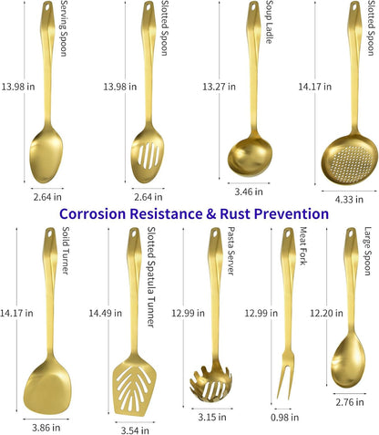 304 Stainless Steel Kitchen Utensil Set - 9Pcs Cooking Utensils, Metal Kitchen Utensil Spatula Sets Cookware,High Temperature Resistance Kitchen Tool Set for Hanging Dishwasher Safe（Gold）4