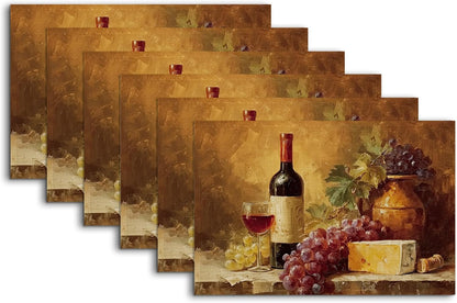 Placemats Set of 6,Retro Wine Bottles Glasses Grapes Washable Linen Table Mats for Kitchen Dining,Indoor Outdoor Decor,12 X 18 Inches1