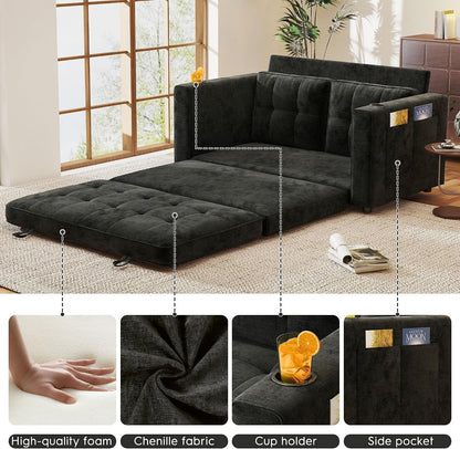 55" Convertible Folding Sofa Bed, Pull Out Couch Love Seat Sleeper Bed, Small Fold Out Loveseat Sleeper with Cup Holder and Pillow for Small Space, Bedroom Lounge, Dorm, Living Room(Black Chenille)6