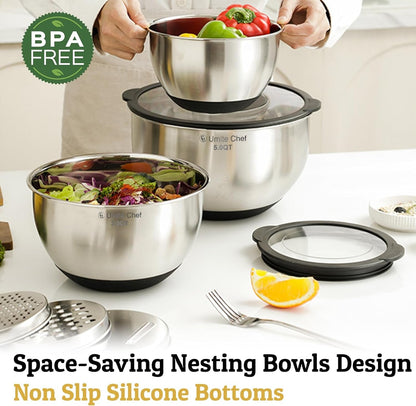Mixing Bowls with Lids Set - Non-Slip, Airtight Warp-Proof TPR-AS Lids, Thicker Stainless Steel Bowls, Measurement Lines & 3 Graters, Prep Meal Bowl, Black Nesting Bowl for Kitchen, 5/3/2/1.5/0.63QT5