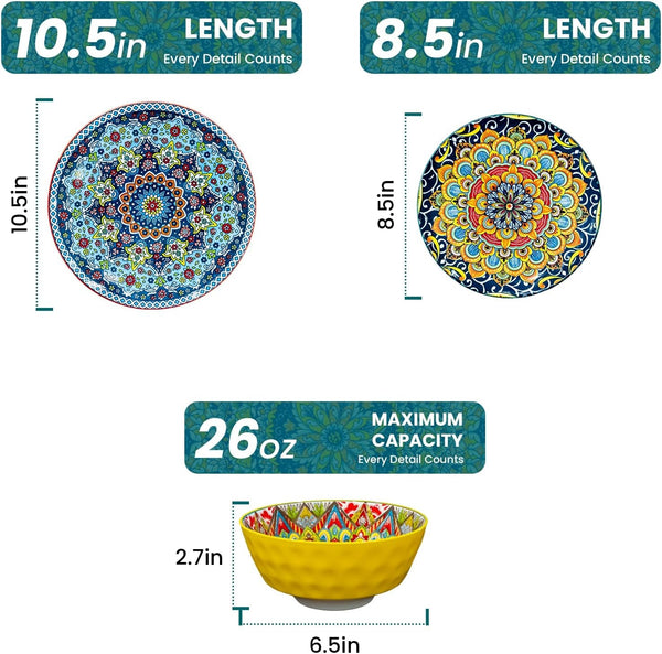 12 Pieces Dinnerware Sets, Ceramic Plates and Bowls Set, Microwave and Dishwasher Safe, Scratch Resistant, Bohemian Style Dishware Set, Service for 42
