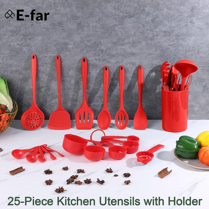 Silicone Cooking Utensils Set, 25 Piece Kitchen Utensils with Holder, Non Toxic Kitchen Tools Spatula, Turner, Spoon, Ladle for Nonstick Cookware, Heat Resistant & Dishwasher Safe - Red3