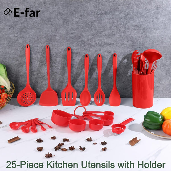 Silicone Cooking Utensils Set, 25 Piece Kitchen Utensils with Holder, Non Toxic Kitchen Tools Spatula, Turner, Spoon, Ladle for Nonstick Cookware, Heat Resistant & Dishwasher Safe - Red3