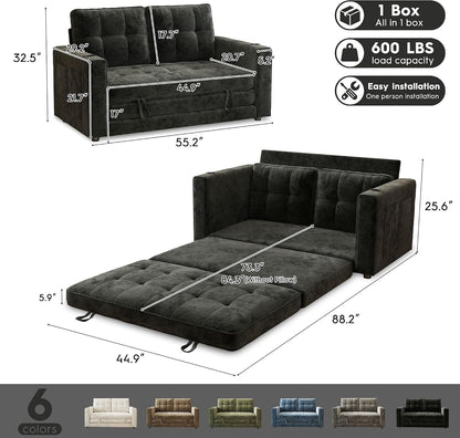 55" Convertible Folding Sofa Bed, Pull Out Couch Love Seat Sleeper Bed, Small Fold Out Loveseat Sleeper with Cup Holder and Pillow for Small Space, Bedroom Lounge, Dorm, Living Room(Black Chenille)2