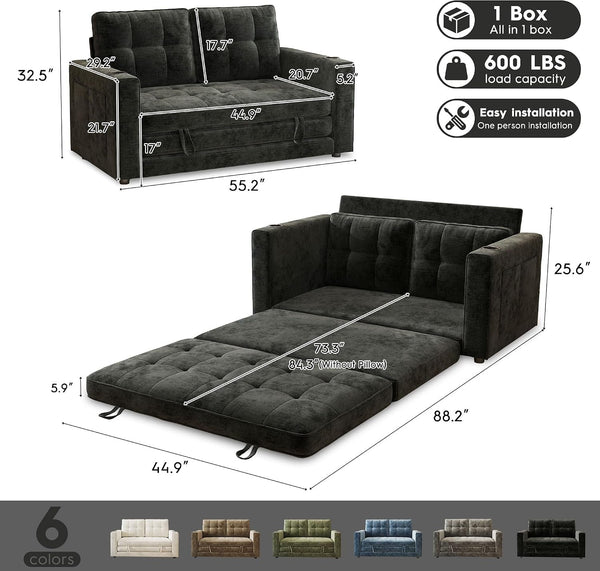 55" Convertible Folding Sofa Bed, Pull Out Couch Love Seat Sleeper Bed, Small Fold Out Loveseat Sleeper with Cup Holder and Pillow for Small Space, Bedroom Lounge, Dorm, Living Room(Black Chenille)2