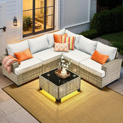 Outdoor Sectional Patio Furniture Set,6 Pieces Wicker Conversation Sets L Shaped Couch,Extra Deep Out Door Sofa outside Furniture,Light Grey1
