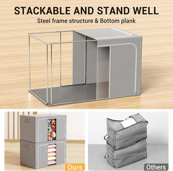 Clothes Storage Bins with Metal Frame Foldable Storage Box Clothes Organizers Storage Containers for Clothes Sheets Blankets Books Toys Gifts and Holiday Decorations (24Lx3 Pack)3