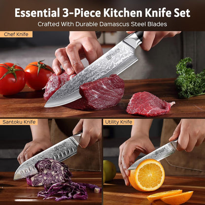 Damascus Knife Set 3 PCS, Japanese VG10 Steel Core, Ultra Sharp Chef Knife Set, Full Tang G10 Handle, Damascus Kitchen Knives6