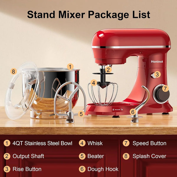 4QT Electric Stand Mixer, 10-Speed Tilt-Head Compact Kitchen Mixer | Multiple Stylish Colors | Food Mixer with Dough Hook & Beater & Whisk | for Cake & Bread | Dishwasher-Safe | Red2