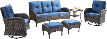6 Piece Patio Conversation Sets - Wicker Patio Furniture Sets with Outdoor Swivel Rocker Chairs Outdoor Couch Perfect for Patio Deck Backyard, Brown Wicker Blue Cushion3