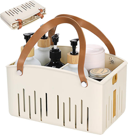 Portable Shower Caddy Collapsible Plastic Shower Basket Tote with Handles Removable Divider, Cleaning Caddy Storage Organizer for Bathroom College Dorm (White)1