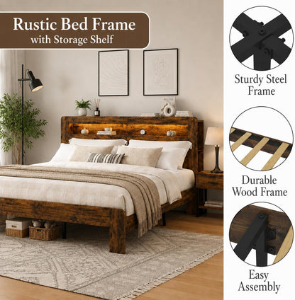 Wooden Bed Frame Queen Size with Storage Headboard, Bookcase Shelf6