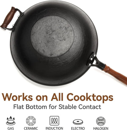 12.6 Inch Cast Iron Wok Pan with Wood Lid, Uncoated Flat Bottom Chinese Stir Fry Pan, Heavy Duty Wok for Induction, Gas and Electric Stoves5