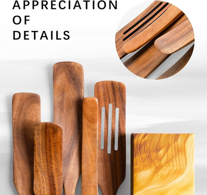 Wooden Spatulas for Cooking, 5-Piece Teak Spurtle Set, Smooth Finish5