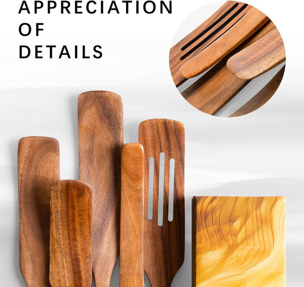 Wooden Spatulas for Cooking, 5-Piece Teak Spurtle Set, Smooth Finish5