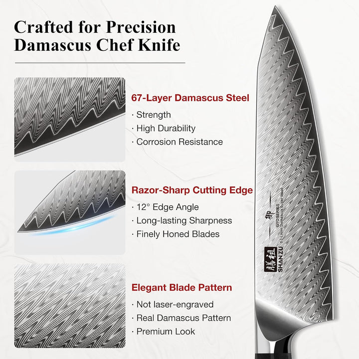 3 PCS Damascus Knife Set, Kitchen Knife Set in Damascus Steel | Professional Ultra-Sharp Japanese Knife Set, 67-Layer High Carbon Steel Chef Knife Set with Ergonomic G10 Handle+2