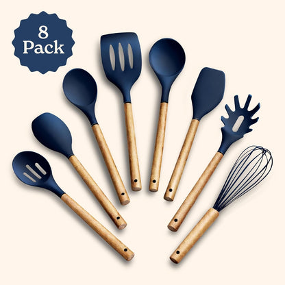 Non Stick Silicone Utensil Set with Rounded Wood Handles for Cooking and Baking, 8 Piece Set, Navy2