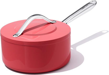 Premium Ceramic Sauce Pan with Lid, 3.5 QT Nonstick Saucepan | for Healthy Everyday Cooking, PFAS & PTFE Free, Induction Compatible, Oven Safe up to 500°F, Fusion Red1