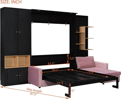 Queen Murphy Bed with Couch and Storage Shelves & Cabinets,Solid Wood Folding Murphy Wall Bed Cabinet with Sofa for Adults,Bedroom,Office,Space Saving (Black+Pink Sofa6)3