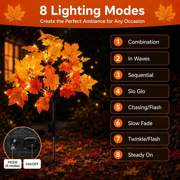 Fall Decor Solar Garden Lights, 2 Pack Maple Leaf Path Lights with 8 Lighting Modes, 40LED Maple Trees Stake Lights, Pathway Lights for Autumn Patio Halloween Thanksgiving Decorations (Orange - Leaf)3