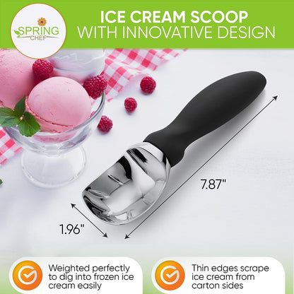 Heavy Duty Metal Ice Cream Scoop with Soft Grip Handle, Black | Professional Ice Cream Scooper for Kitchen, Dishwasher Safe Ice Cream Spoon for Gelato, Sorbet, Cookie Dough, Sundae, Melon2