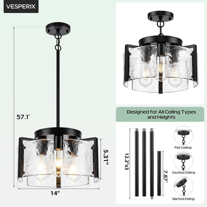 Black Chandeliers for Dining Room, 14 Inch 3-Light 2-In-1 Convertible Pendant and Flush Mount with Drum Textured Glass, Modern Farmhouse Light Fixture for Kitchen Island, Entryway, Foyer, Living Room2