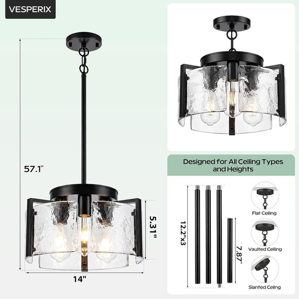 Black Chandeliers for Dining Room, 14 Inch 3-Light 2-In-1 Convertible Pendant and Flush Mount with Drum Textured Glass, Modern Farmhouse Light Fixture for Kitchen Island, Entryway, Foyer, Living Room2