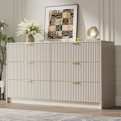 6 Drawer Dresser for Bedroom, 55" Wide Modern Chest of Drawers with Gold Metal Handles, Fluted Wood TV Stand for Living Room, Hallway(Beige)1