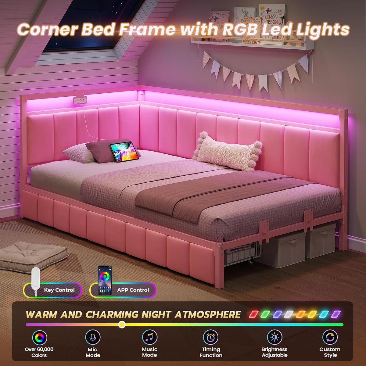 twin-corner-bed-frame-with-2-storage-drawers-and-charging-station-velvet-girls-platform-bed-frame-twin-size-with-led-lights-and-upholstered-guardrail-twin-size-daybed-for-kids-and-teen-pink