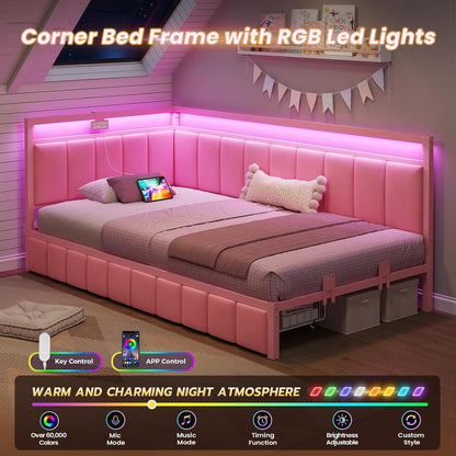 Twin Corner Bed Frame with 2 Storage Drawers and Charging Station Velvet Girls Platform Bed Frame Twin Size with Led Lights and Upholstered Guardrail,Twin Size Daybed for Kids and Teen,Pink4
