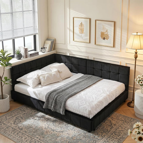 Full Size Daybed L-Shaped, Modern Velvet Upholstered Sofa Day Bed Frame with Wood Slats for Living Room Bedroom Guest Room, No Box Spring Needed, Black1